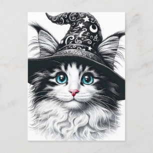 Cute Magic Cat in Wizard Hat Färg Stänk Vykort