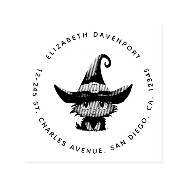 Cute Magic Cat Witch's Hat Adress Självfärgande Stämpel (Design)