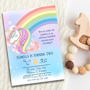 Cute magic colorful unicorn-regnbåge 2:a födelseda inbjudningar