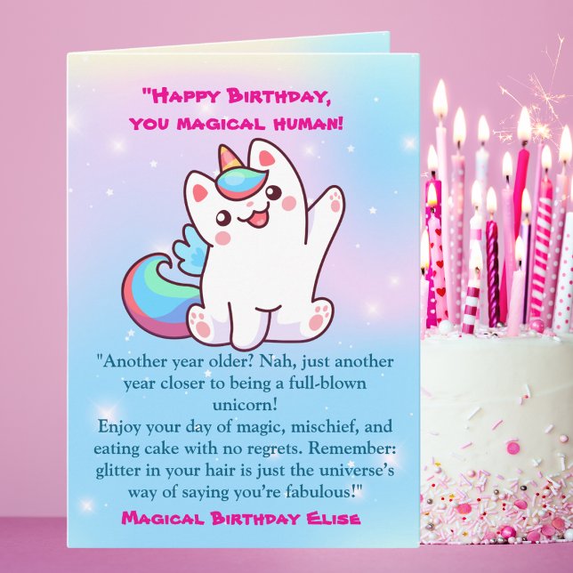 Cute Magic Funny Cat Unicorn Birthday Hälsning Kort (Skapare uppladdad)