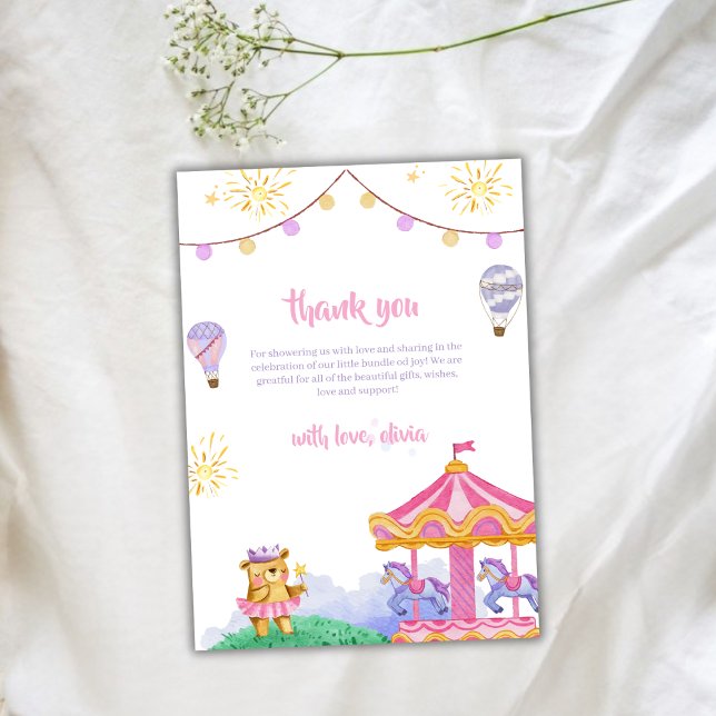Cute Magic Luftballong Carousel Baby Shower Tack Kort (Cute Magical Hot Air Balloon Carousel Baby Shower Thank You Card)