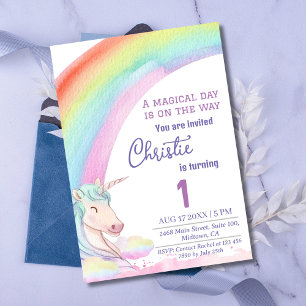 Cute magic modern unicorn-regnbåge 1:a födelsedag inbjudningar