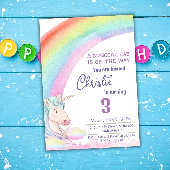 Cute magic modern unicorn-regnbåge 3-årsdagen inbjudningar (Skapare uppladdad)
