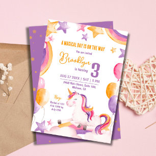 Cute magic modern unicorn-regnbåge 3-årsdagen inbjudningar
