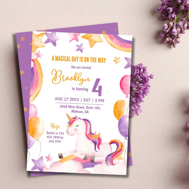 Cute magic modern Unicorn-regnbåge 4e födelsedagen Inbjudningar (Skapare uppladdad)