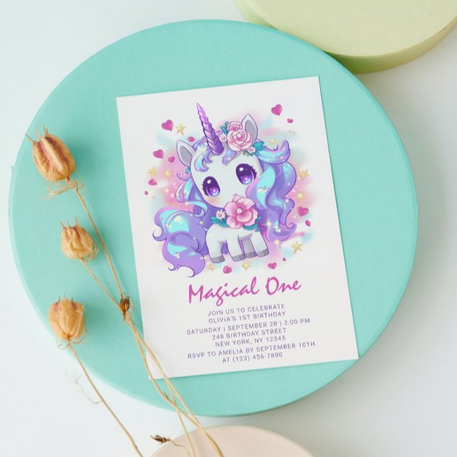 Cute Magic One Modern Unicorn Första födelsedag Inbjudningar (Skapare uppladdad)
