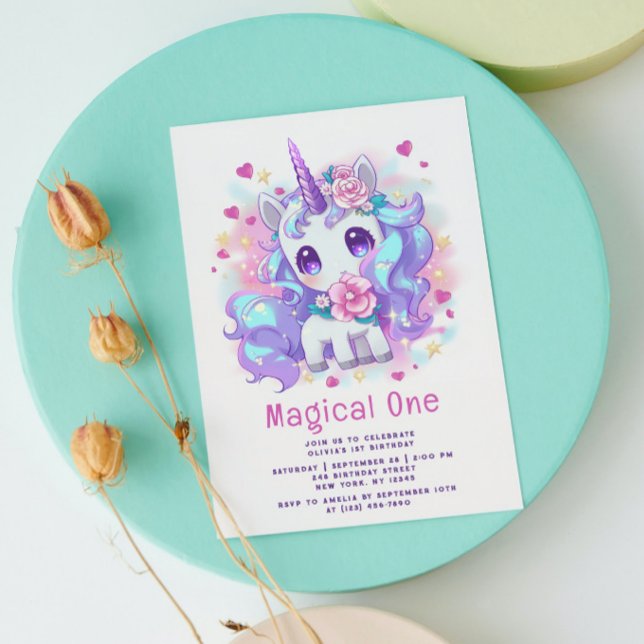 Cute Magic One Modern Unicorn Första födelsedag Inbjudningar (Skapare uppladdad)