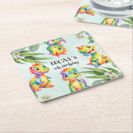Cute Magic Rainbow Dinosaur Grattis på födelsedage Underlägg Papper Kvadrat