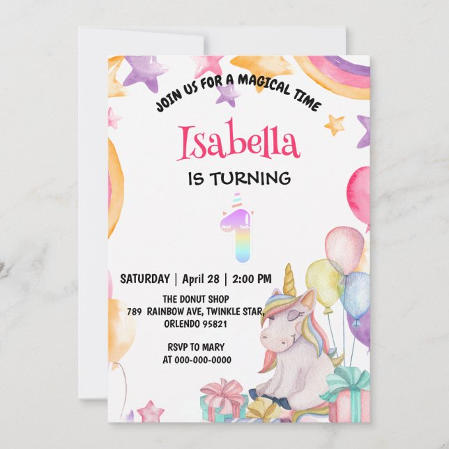Cute Magic Rainbow Unicorn 1:a födelsedagen Party Inbjudningar (Framsida)