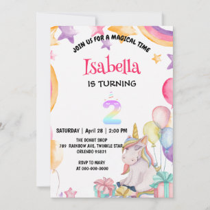 Cute Magic Rainbow Unicorn 2:a födelsedagen Party Inbjudningar