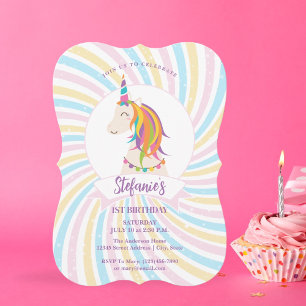 Cute Magic Rainbow Unicorn Girl 1:a födelsedagen Inbjudningar