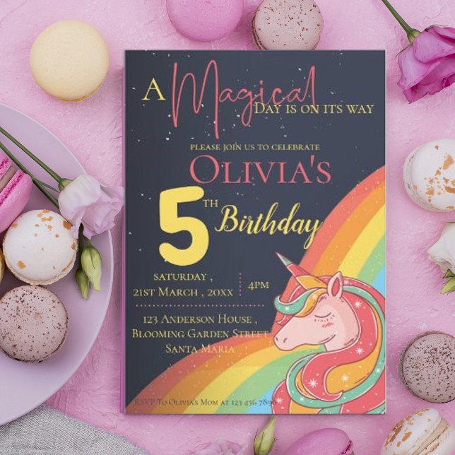 Cute Magic Rainbow Unicorn Gnistra Birth Inbjudningar (Unicorn Rainbow 5th Magical Kids Birthday Party Invitation)