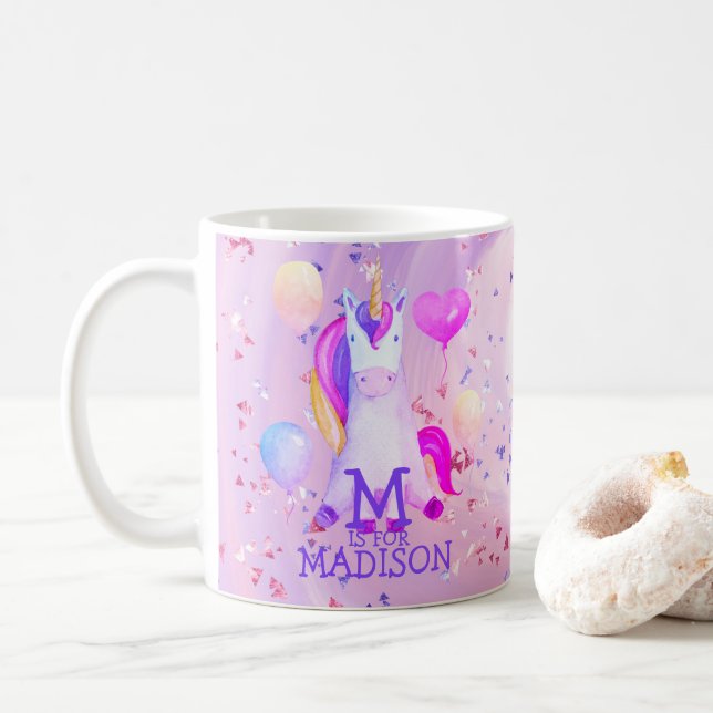 Cute Magic Rosa Unicorn Namn Monogram Glitter Kaffemugg (Med munk)