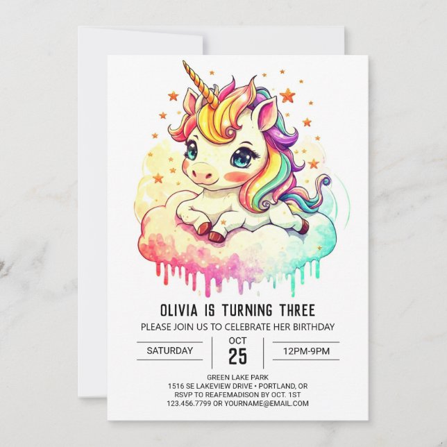 Cute Magic Unicorn Birthday Inbjudningar (Framsida)