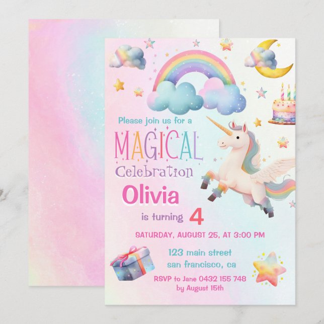 Cute Magic Unicorn Girl Födelsedagsfest Inbjudningar (Fram/baksida)