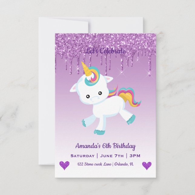 Cute Magic Unicorn & Hearts Birthday Call Inbjudningar (Framsida)