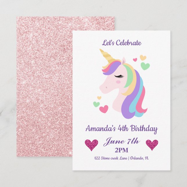 Cute Magic Unicorn & Hearts Birthday Inbjudningar (Fram/baksida)