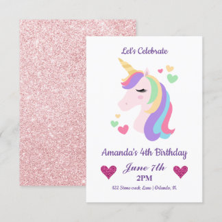 Cute Magic Unicorn & Hearts Birthday Inbjudningar