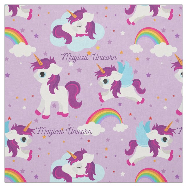Cute Magic Unicorn på lila-bakgrund Tyg (Provkarta)