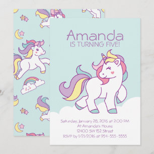 Cute Magic Unicorn Pastel GIRL Animals Födelsedag Inbjudningar