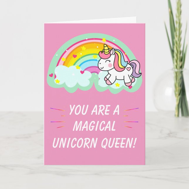 Cute Magic Unicorn Queen Rosa Birthday Kort (Framsida)