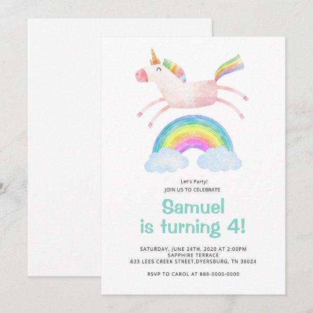 Cute Magic Unicorn Rainbow Birthday Inbjudningar (Fram/baksida)