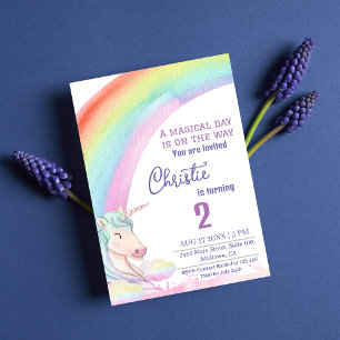 Cute Magic Unicorn-regnbåge, andra födelsedag Inbjudningar