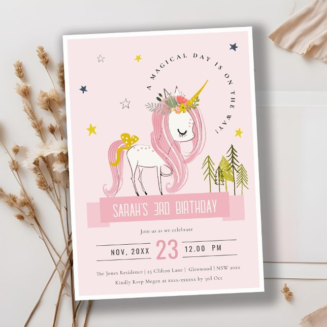 Cute Magic Unicorn Rosa  Barns födelsedag Inbjudningar (Skapare uppladdad)