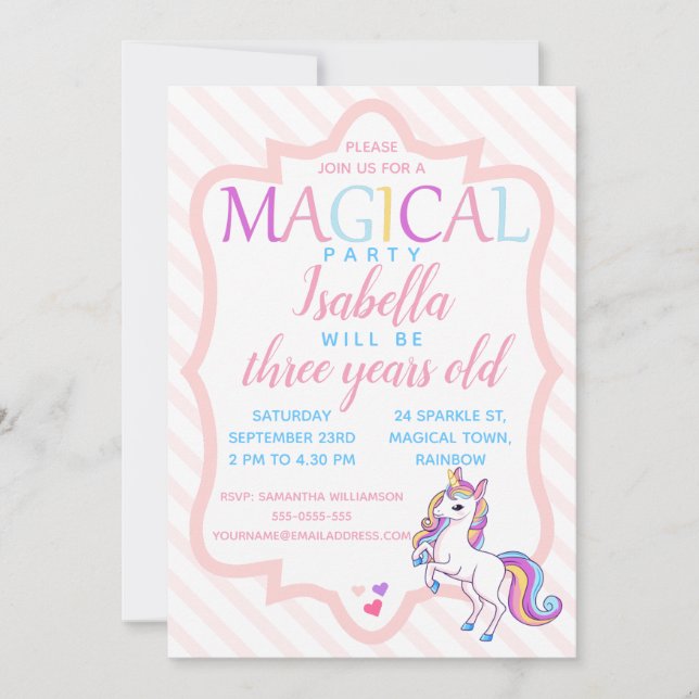 Cute Magic Unicorn Rosa Birthday-inbjudan Inbjudningar (Framsida)