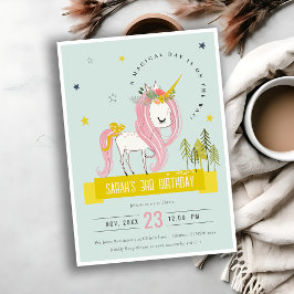 Cute Magic Unicorn Rosa Gult Barns födelsedag Inbjudningar