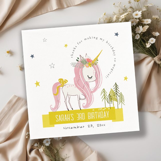 Cute Magic Unicorn Rosa Gult Barns födelsedag Pappersservett (Skapare uppladdad)