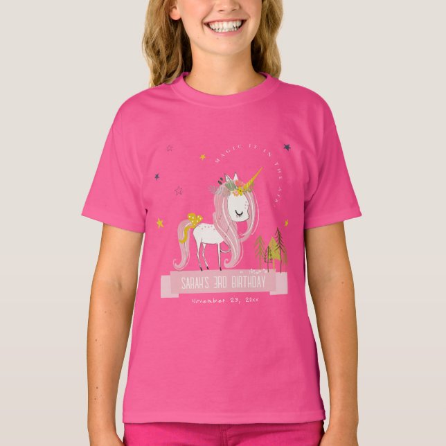 Cute Magic Unicorn Rosa Gult Barns födelsedag T Shirt (Framsida)