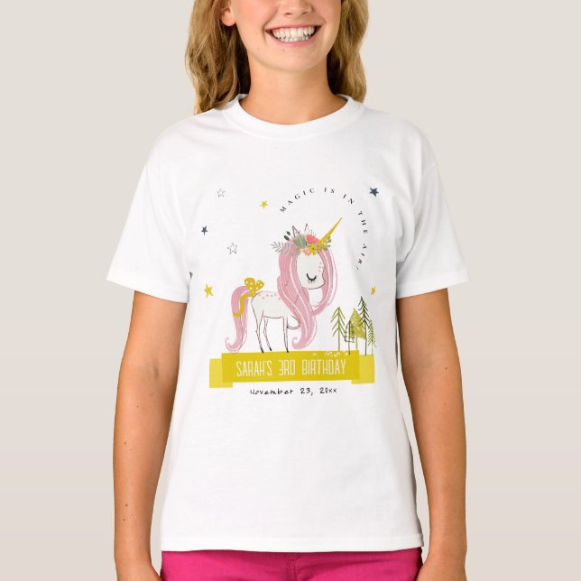 Cute Magic Unicorn Rosa Gult Barns födelsedag T Shirt (Framsida)