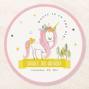Cute Magic Unicorn Rosa Gult Barns födelsedag Underlägg Papper Rund
