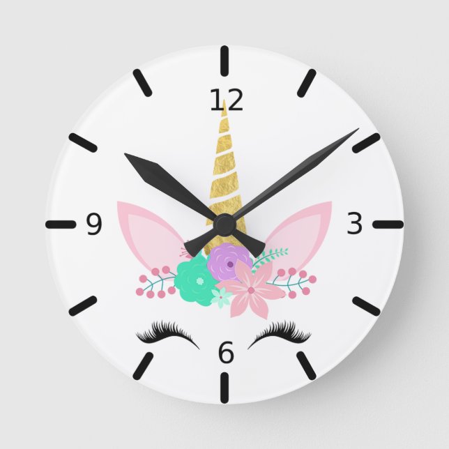 Cute Magic Unicorn Round Clock Rund Klocka (Framsida)