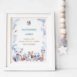 Cute Magic Woodland Animals Birth Stats Boy Baby Poster