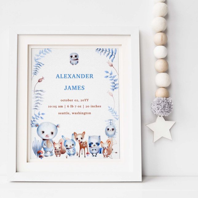 Cute Magic Woodland Animals Birth Stats Boy Baby Poster (Skapare uppladdad)