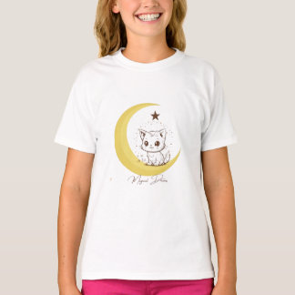 Cute Magical Cat on Moon Starry Dreams - Round Cla T Shirt