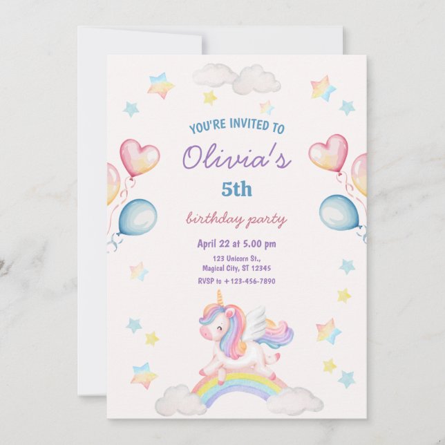 Cute Magical Fairytale Unicorn Rainbow Clouds Inbjudningar (Framsida)