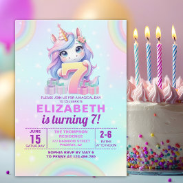 Cute Magical Unicorn 7th Birthday – Rainbow  Inbjudningar