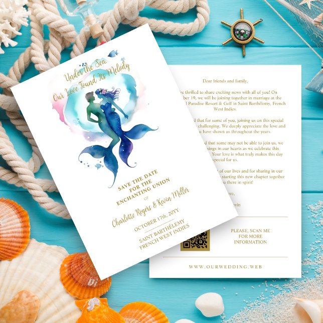 Cute Magical Wedding Mermaid & Triton Romantic Spara Datumet (Cute Magical Union Mermaid & Triton Romantic Save the Date Card with Envelope.)