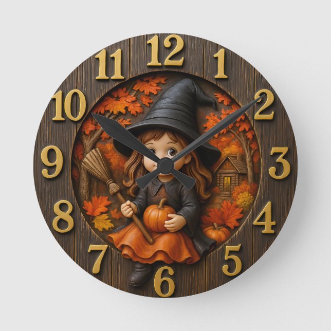 Cute Magician Lantern Magic in Autumn Rund Klocka (Framsida)