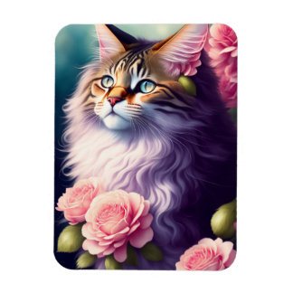 Cute Maine Coon Cat Ansikte & Flower Magnet