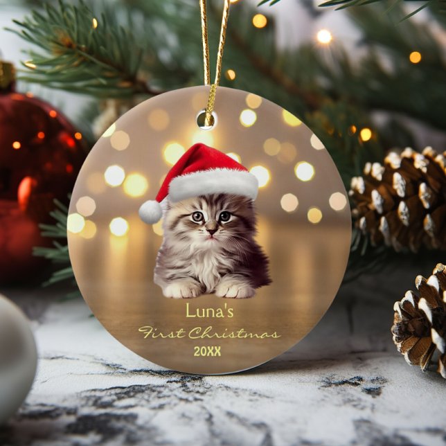 Cute Maine Coon Cat Santa Hat Guld Personlig Julgransprydnad Keramik (Skapare uppladdad)