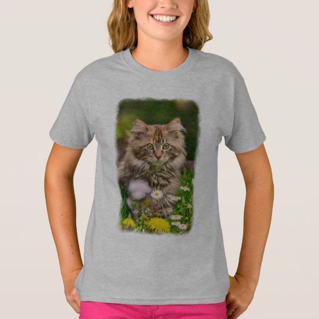 Cute Maine Coon Kitten Cat in Flower Meadow - mysi Tröja (Framsida)
