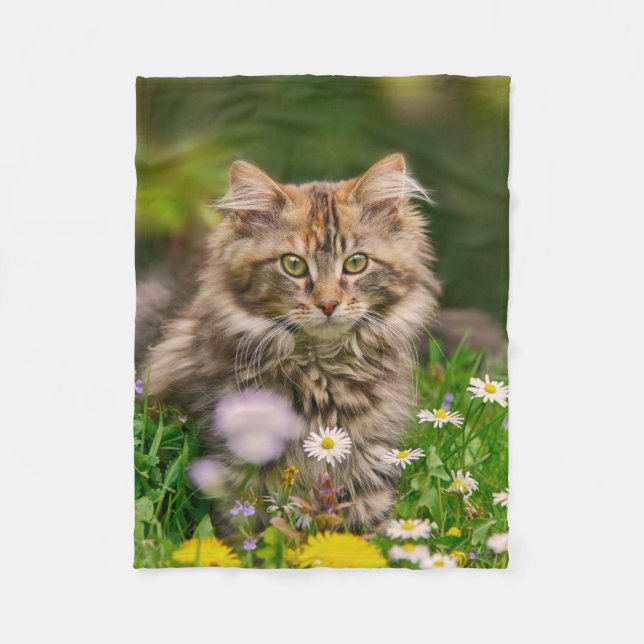 Cute Maine Coon Kitten Cat in Flowers Fleecefilt (Framsidan)