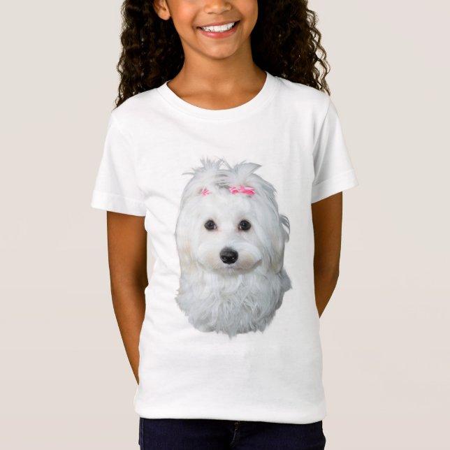 Cute Maltese Girl med Rosa Rosett band T Shirt (Framsida)