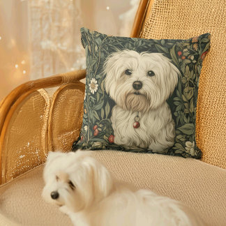 Cute Maltese Hund i en William Morris Stil Garden Kudde