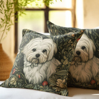 Cute Maltese Hund i en William Morris Stil Garden Kudde