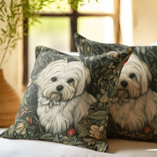 Cute Maltese Hund i en William Morris Stil Garden Kudde (Skapare uppladdad)